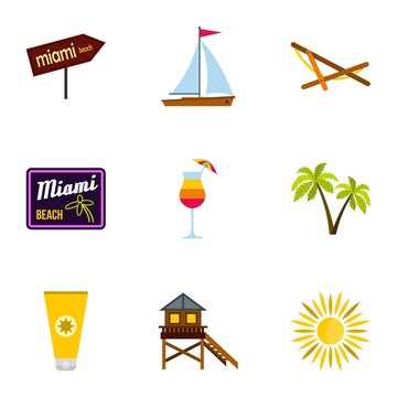 Tourism in Miami icons set. Flat illustration of 9 tourism in Miami vector icons for web
