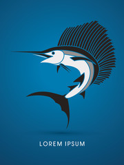 Sailfish Jumping, designed using black and white colors graphic vector.