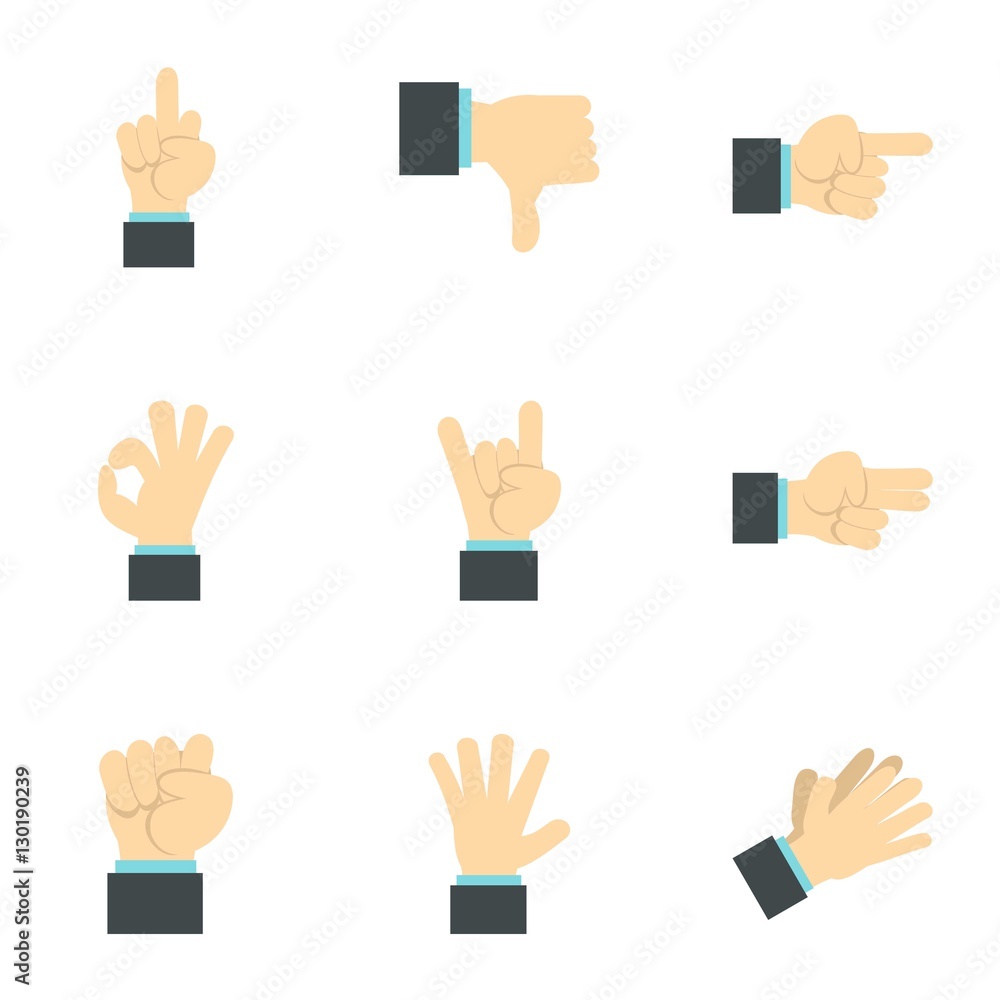 Poster communication gestures icons set. flat illustration of 9 communication gestures vector icons for web