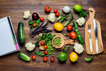 Vegetables on wood. Bio Healthy food, herbs and spices. Organic vegetables on wooden background