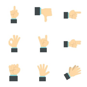 Communication gestures icons set. Flat illustration of 9 communication gestures vector icons for web