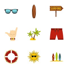 Swimming on surfboard icons set. Flat illustration of 9 swimming on surfboard vector icons for web