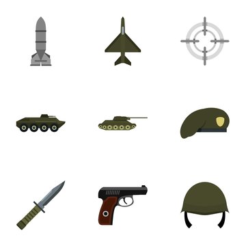 Equipment for war icons set. Flat illustration of 9 equipment for war vector icons for web
