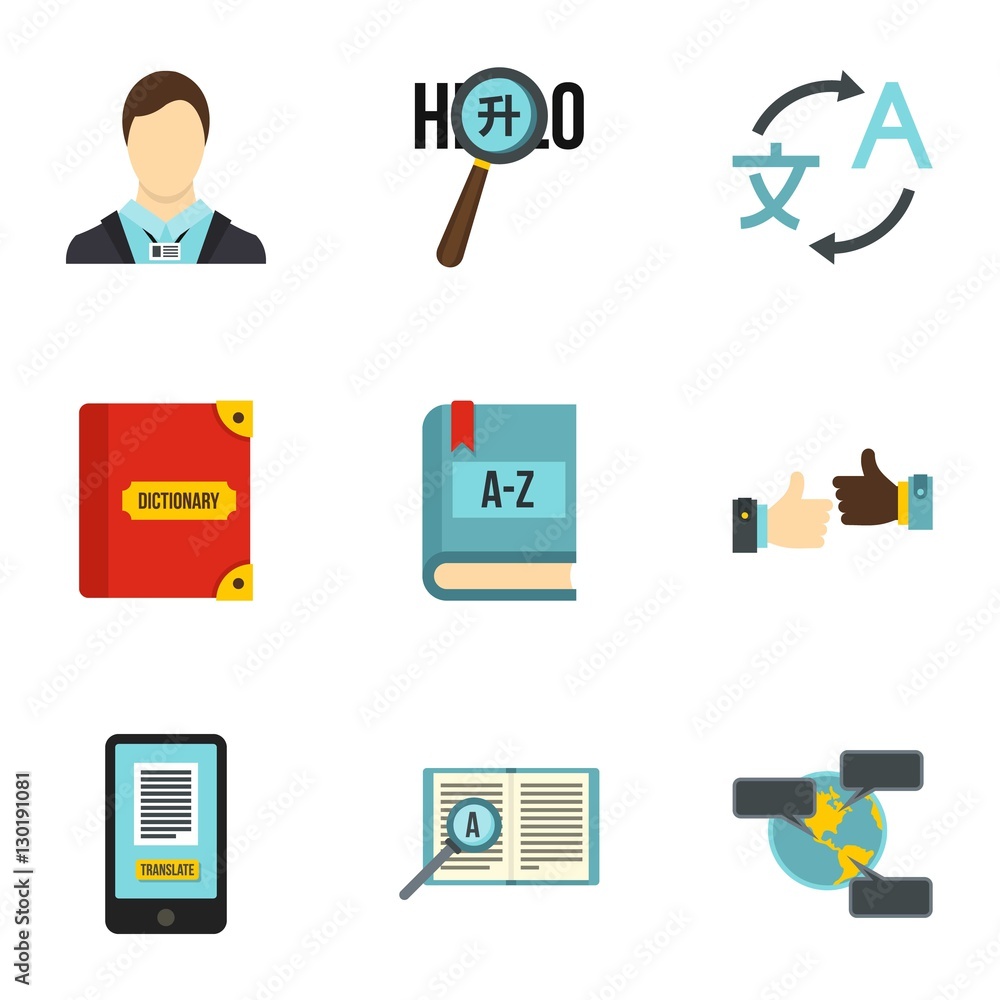 Poster languages icons set. flat illustration of 9 language vector icons for web
