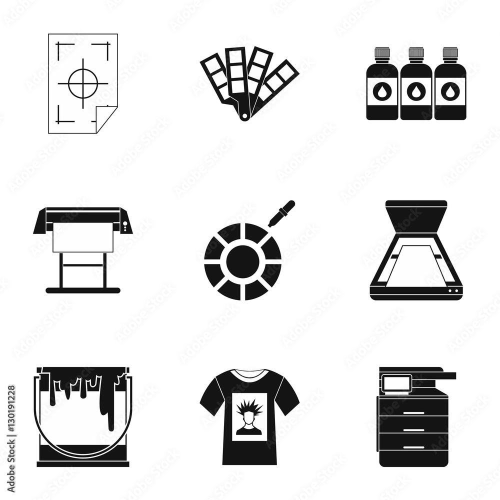 Poster printing services icons set. simple illustration of 9 printing services vector icons for web