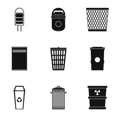 Bin icons set. Simple illustration of 9 bin vector icons for web