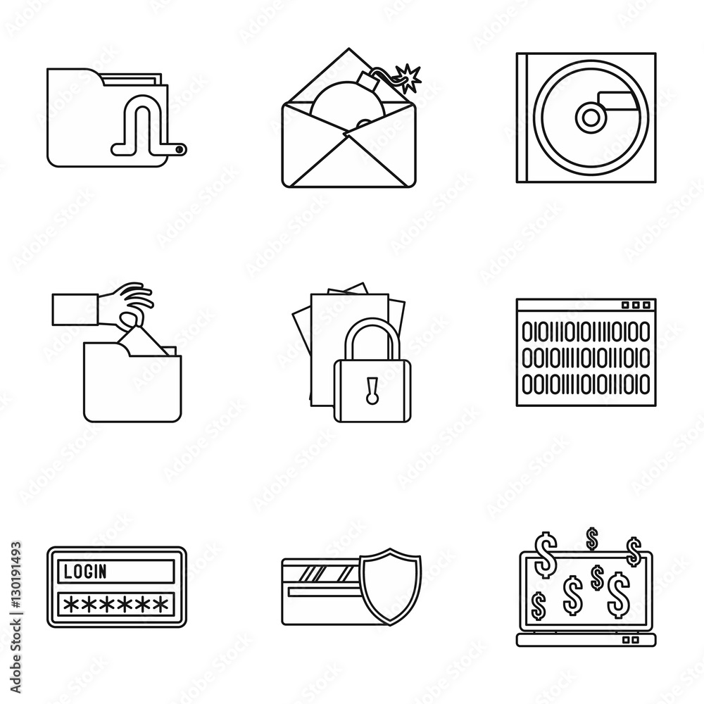 Poster data theft icons set. outline illustration of 9 data theft vector icons for web