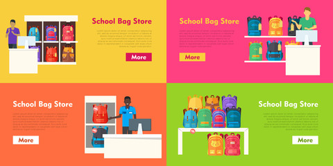 School Bag Store Vector Set. Seller at the Counter