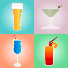 Set of cocktails and beer on colored backgrounds