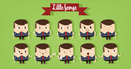 Digital vector cartoon character, cute young school boy showing different emotions, little george with red tie and brown hair