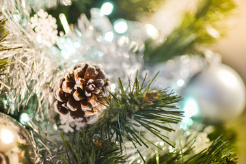 cones and silver balls on the Christmas tree 