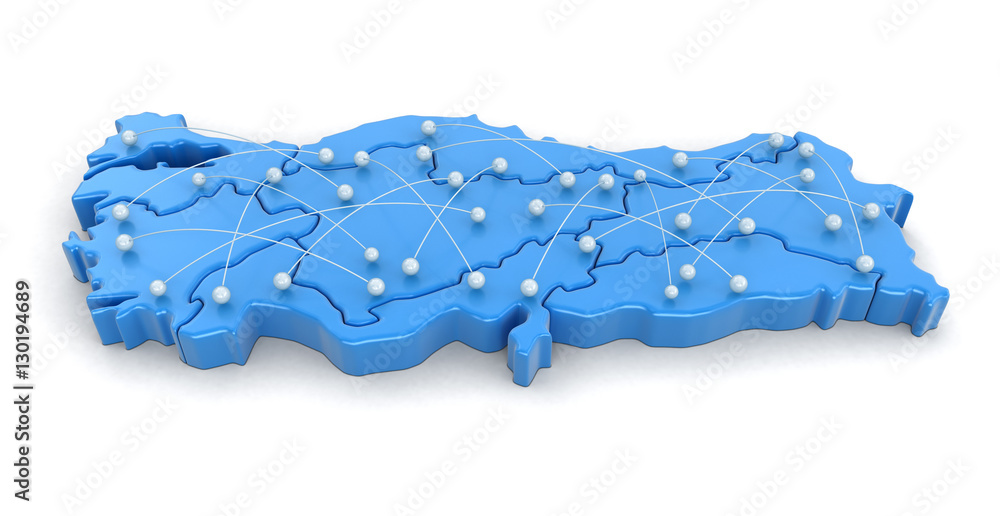 Poster map of turkey with flight paths. image with clipping path.