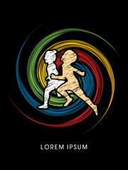 Fototapeta premium Children, Little Boy and girl running designed using grunge brush on colorful spin circle background graphic vector.