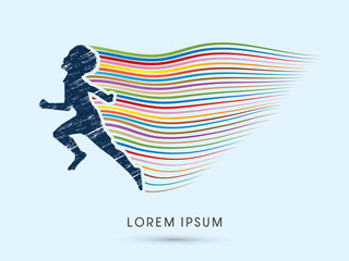 Children, Little Boy running designed using grunge brush with line colorful rainbows graphic vector.