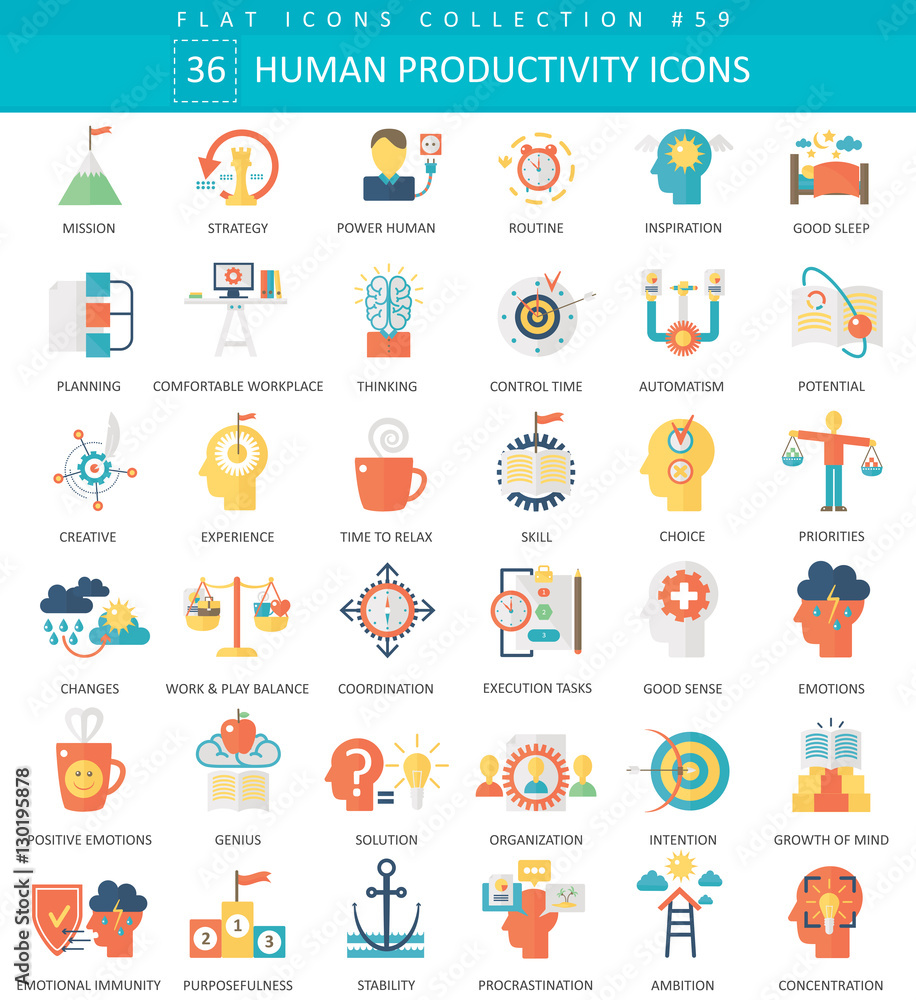 Poster vector human productivity color flat icon set. elegant style design human productivity web icon.