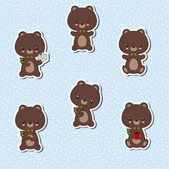 Set of cute bear stickers. Cartoon bear character.