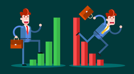 Set of Businessman Climbing and Falling Down Business Graph on Dark Background. Isolated Flat Vector Illustration.