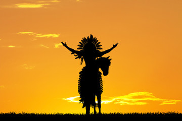 Fototapeta na wymiar Native American Indian on horseback at sunset
