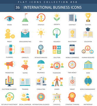 Vector International business color flat icon set. Elegant style design International business web icon.