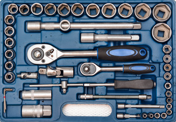 set of socket wrench in plastic box closeup