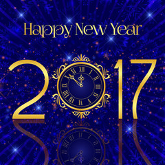 Happy New Year. Golden symbols, clock, blue background. Illustration.