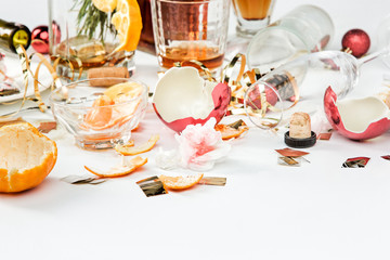 The morning after christmas day, table with alcohol and leftovers