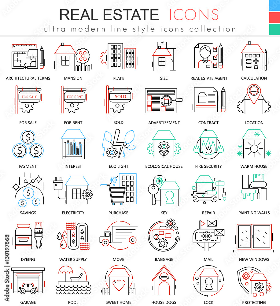 Poster vector real estates color line outline icons for apps and web design. real estates icons.