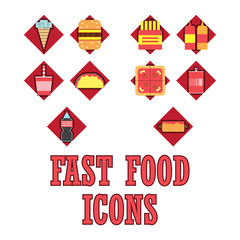 fast food icons. ice,hamburger, French fries, pizza,soda water,mustard and ketchup