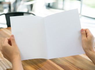 Women hand hold Bifold white template paper on wood texture .
