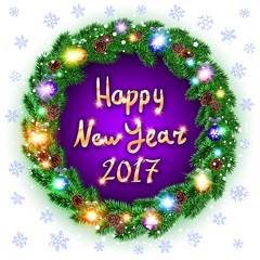 Vector Christmas happy new year 2017 green wreath. background. snow. light art