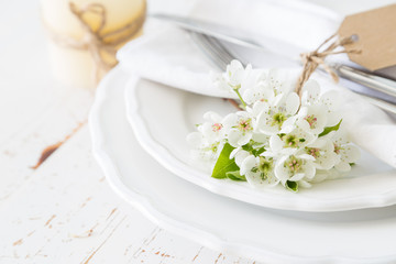 Obraz na płótnie Canvas Spring table setting with white flowers