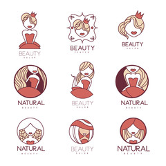 Natural Beauty Salon Set Of Hand Drawn Cartoon Outlined Sign Design Templates With Female Character