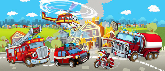 Plakat Cartoon stage with different machines for firefighting - colorful and cheerful scene - illustration for children