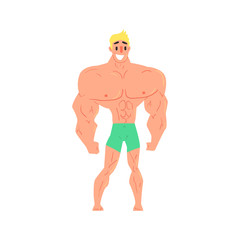 Fototapeta premium Man In Blue Trunks Bodybuilder Funny Smiling Character On Steroids Demonstrating Muscles As Strongman Routine
