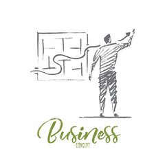Vector hand drawn business concept sketch. Bisinessman standing backwards and drawing indicator of sustainable development through business maze. Lettering Business concept