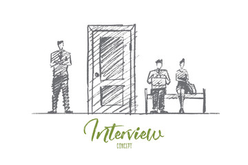 Vector hand drawn interview concept sketch. Business people sitting and standing near closed door and waiting for interview. Lettering Interview concept