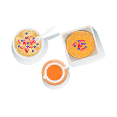 Porridge, Pancakes And Orange Juice Set Of Classic Breakfast Food Products And Menu Items