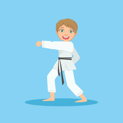 Boy Doing Fist Kick In White Kimono On Karate Martial Art Sports Training Cute Smiling Cartoon Character