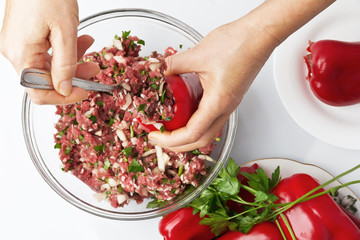 Baked paprika stuffed with meat and rice, cooking series