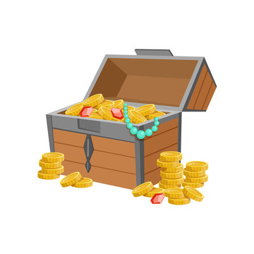 Half Open Pirate Chest With Golden Coins And Jewelry, Hidden Treasure And Riches For Reward In Flash Came Design Variation