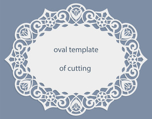 Greeting  card with openwork  oval border, paper doily under the cake, template for cutting, wedding invitation, decorative plate is laser cut, frame with lace edge, vector illustrations.