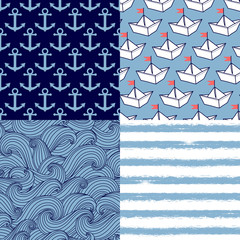 Set of 4 seamless patterns with abstract and nautical elements. Freehand drawing