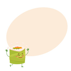 Japanese avocado roll character juggling with rice, cartoon vector illustration on background with place for text. Cute and funny smiling avocado roll filled with fish, caviar and vegetables
