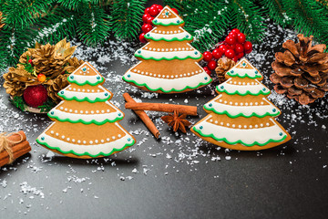 Christmas cookies with cone and fir festive with decor. Gingerbreads on black background with snow. View with copy space.