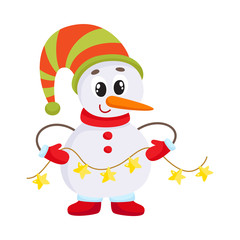 Cute and funny little snowman holding a garland, cartoon vector illustration isolated on white background. Funny snowman in hat and mittens with Christmas lights, holiday season decoration element