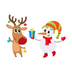 funny deer holds Christmas toys and snowman gift box, cartoon vector illustration isolated on white background. Deer and snowman, Christmas attributes, decoration elements