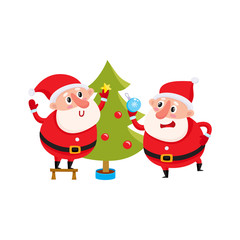 two funny Santa decorate the Christmas tree with festive toys, cartoon vector illustration isolated on white background. Santa Claus and deer, Christmas attributes, holiday decoration elements
