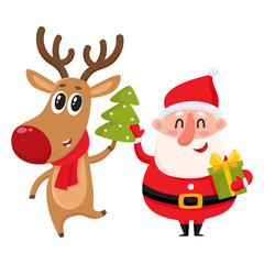 Jolly Santa and smiling reindeer stands with a Christmas tree and gift box, cartoon vector illustration isolated on white background. Santa Claus and deer, Christmas attributes, holiday elements