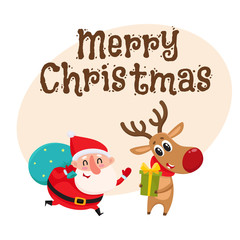 Merry Christmas greeting card template with funny Santa and funny reindeer holding Christmas gifts, cartoon vector illustration. Christmas poster, banner, postcard, greeting card design