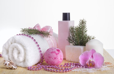 Relaxing beauty set with luxurious towel, soap and shower gel